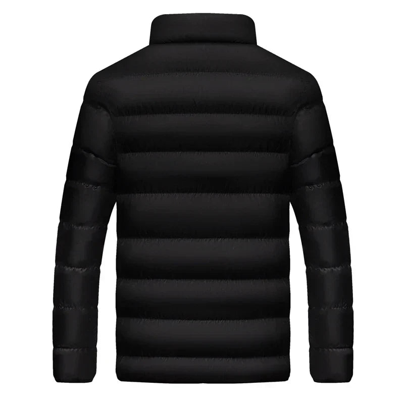 Schwarze Daunenjacke, Rückansicht. Winterjacke mit Stehkragen, gestepptem Design, ideal für kaltes Wetter. Modische Herrenbekleidung.