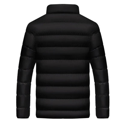 Schwarze Daunenjacke, Rückansicht. Winterjacke mit Stehkragen, gestepptem Design, ideal für kaltes Wetter. Modische Herrenbekleidung.