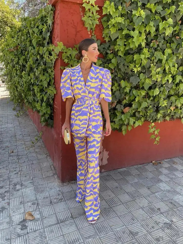 Damen Jumpsuit mit Print und Puffärmeln – Kurzarm Einteiler für Frühling & Sommer
