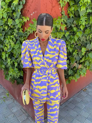 Damen Jumpsuit mit Print und Puffärmeln – Kurzarm Einteiler für Frühling & Sommer