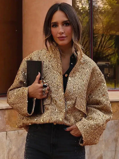 Pailletten-Bomberjacke mit elastischer Taille und Rippstrickbündchen | Ideal für besondere Anlässe