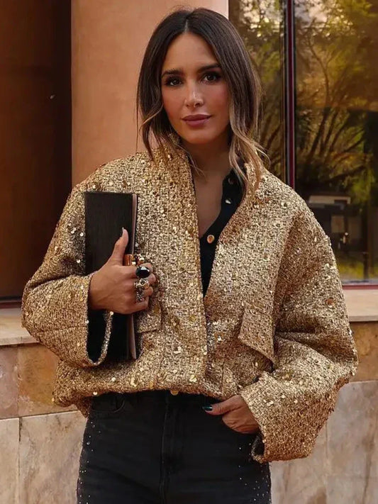 Pailletten-Bomberjacke mit elastischer Taille und Rippstrickbündchen | Ideal für besondere Anlässe