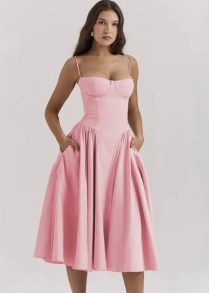 Schulterfreies Midikleid mit fließendem Stoff | Perfekt für Frühling & Sommer