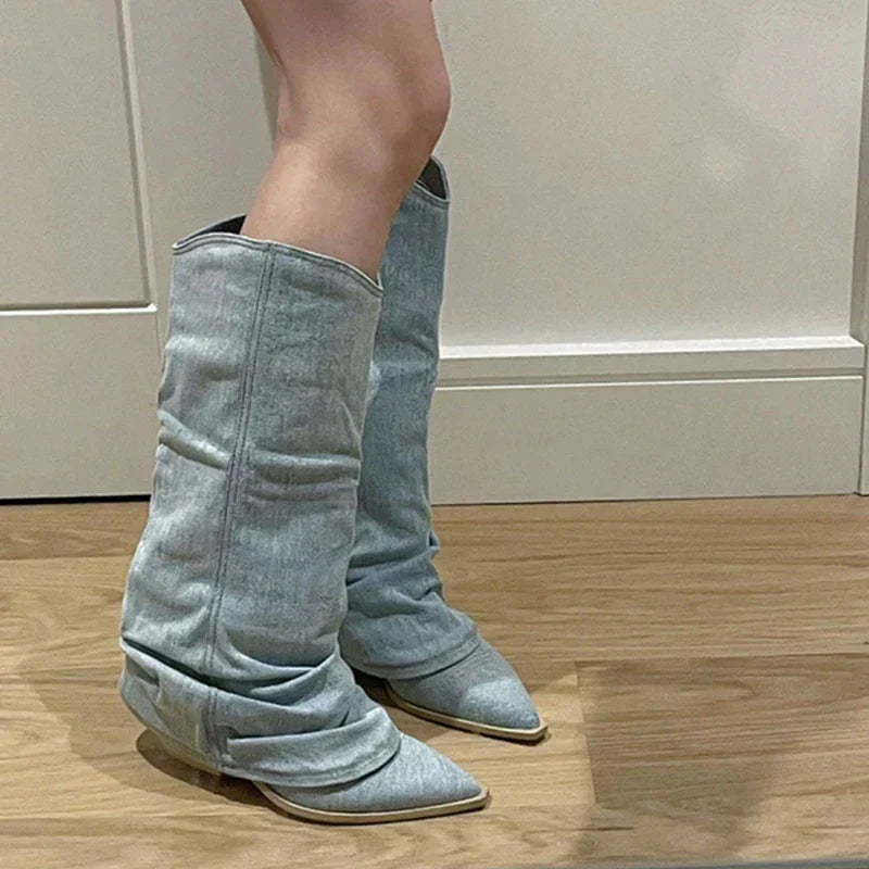 Kniehohe Denim-Stiefel mit isoliertem Futter und rutschfester Sohle | Ideal für den Winter