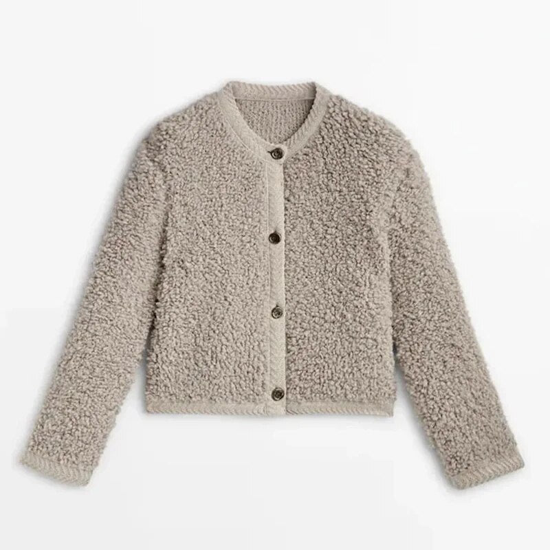 Damen Cropped Sherpa Strickjacke mit Knöpfen – Warmes Winter- und Herbst-Essential
