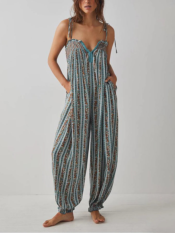 Tiefes V-Ausschnitt Rückenfreies Kleid mit Schnürung und buntem Druck – Ideal für den Sommer