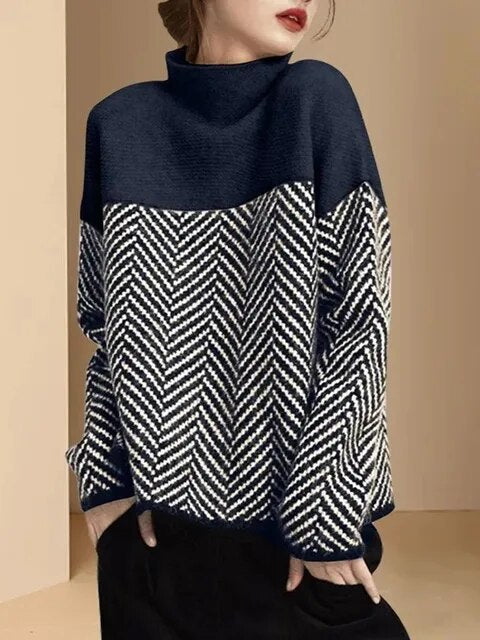 Damenpullover mit Fischgrätenmuster, dunkelblau und weiß, hoher Kragen, modisch, warm, Herbst-Winter-Mode, eleganter Strickpullover.