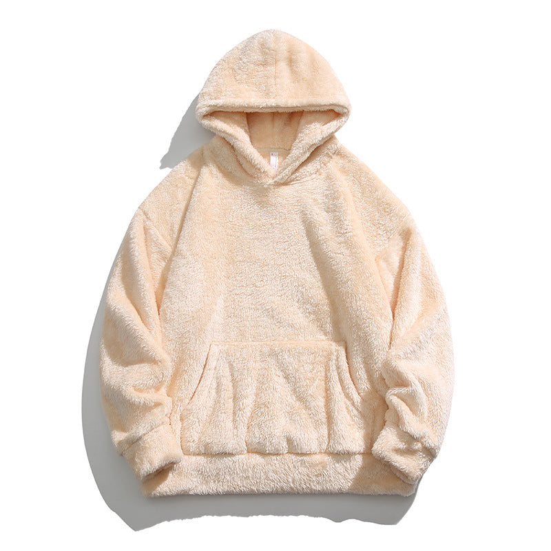 Beiger Plüsch-Hoodie mit Kapuze und Kängurutasche, weiches Fleece-Material, modischer Winterpullover für Damen und Herren.