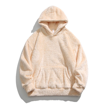 Beiger Plüsch-Hoodie mit Kapuze und Kängurutasche, weiches Fleece-Material, modischer Winterpullover für Damen und Herren.