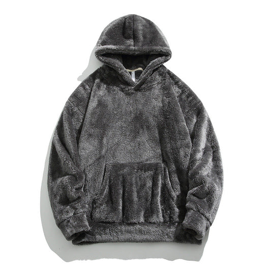 Grauer flauschiger Hoodie aus Kunstpelz, warm und gemütlich, ideal für Herbst und Winter. Perfekt für modische Freizeitkleidung und Streetwear.