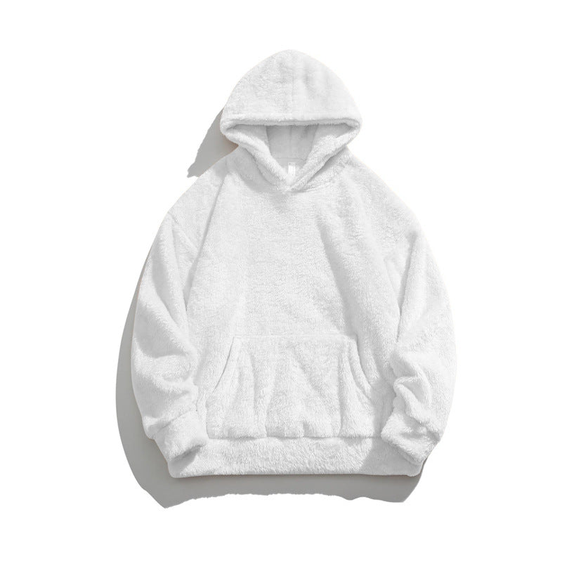 Weiße flauschige Kapuzenpullover, Unisex Hoodie aus weichem Fleece, gemütlicher Winterpullover mit Kängurutasche, modische Freizeitkleidung.