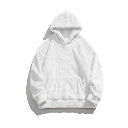 Weiße flauschige Kapuzenpullover, Unisex Hoodie aus weichem Fleece, gemütlicher Winterpullover mit Kängurutasche, modische Freizeitkleidung.