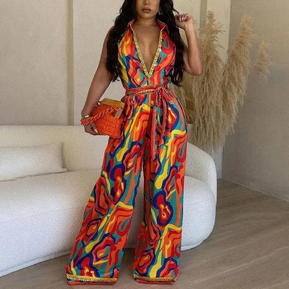 Eleganter farbenfroher Jumpsuit mit Gürtel und Kragen I ideal für Frühling/Sommer