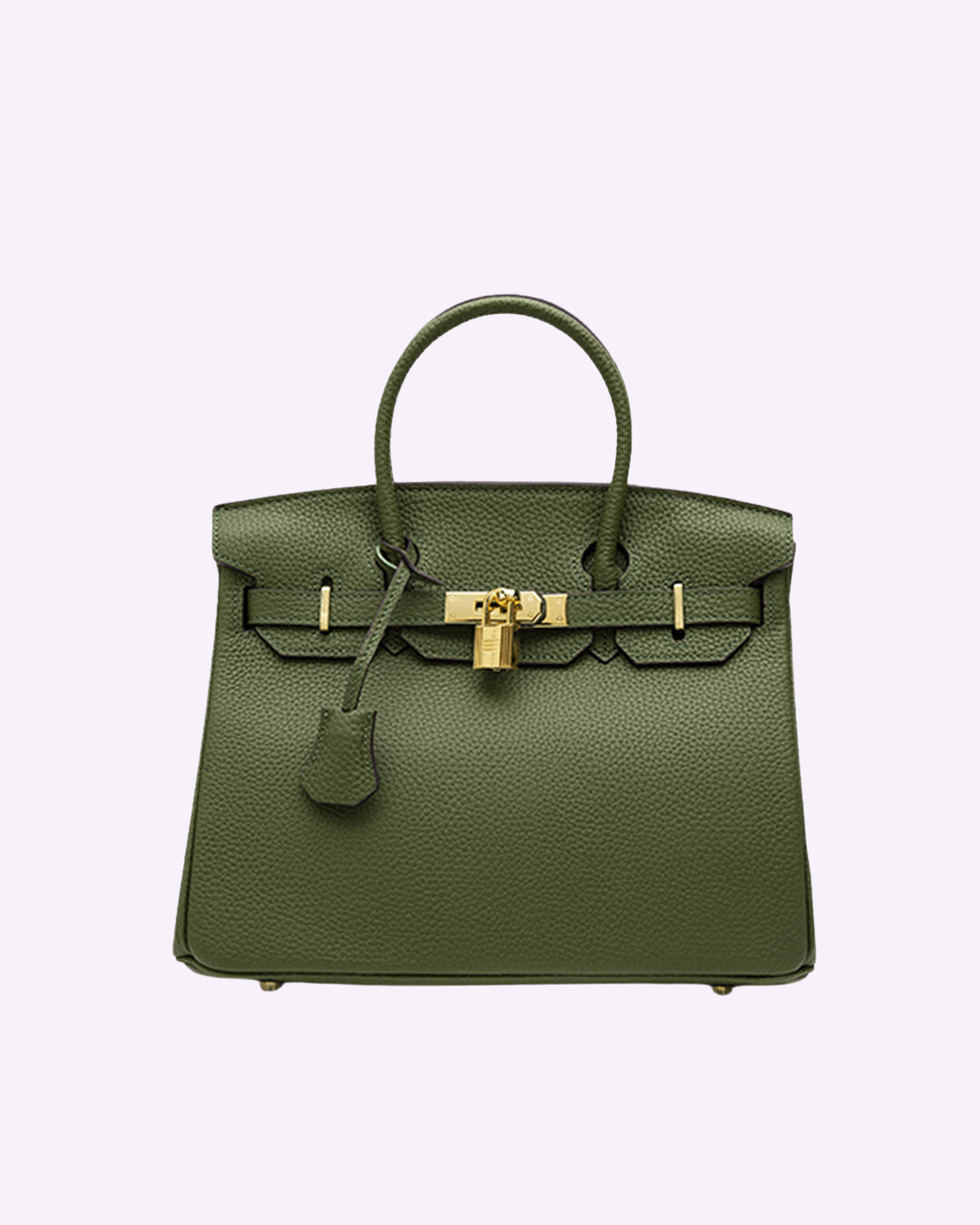 Grüne Lederhandtasche mit goldener Schnalle, luxuriöses Design, modisches Accessoire, Damenmode, hochwertige Verarbeitung, eleganter Stil.