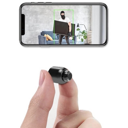 Mini-Überwachungskamera zeigt Live-Video eines maskierten Einbrechers, der einen Fernseher stiehlt. Sicherheitskamera, Diebstahlschutz, Heimüberwachung.