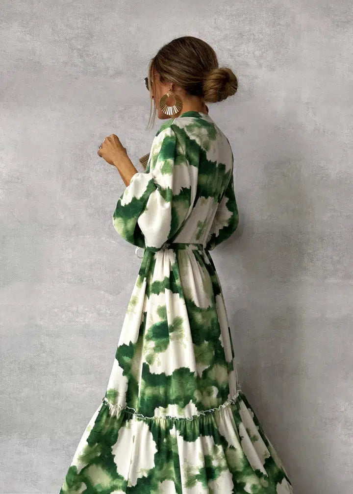 Damen-Maxikleid mit V-Ausschnitt, langen Ärmeln und fließender Silhouette