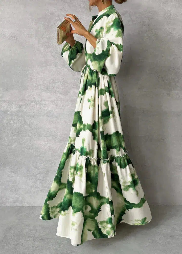 Damen-Maxikleid mit V-Ausschnitt, langen Ärmeln und fließender Silhouette