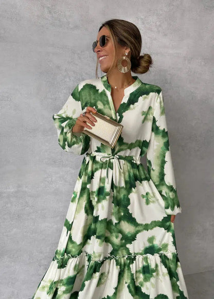 Damen-Maxikleid mit V-Ausschnitt, langen Ärmeln und fließender Silhouette
