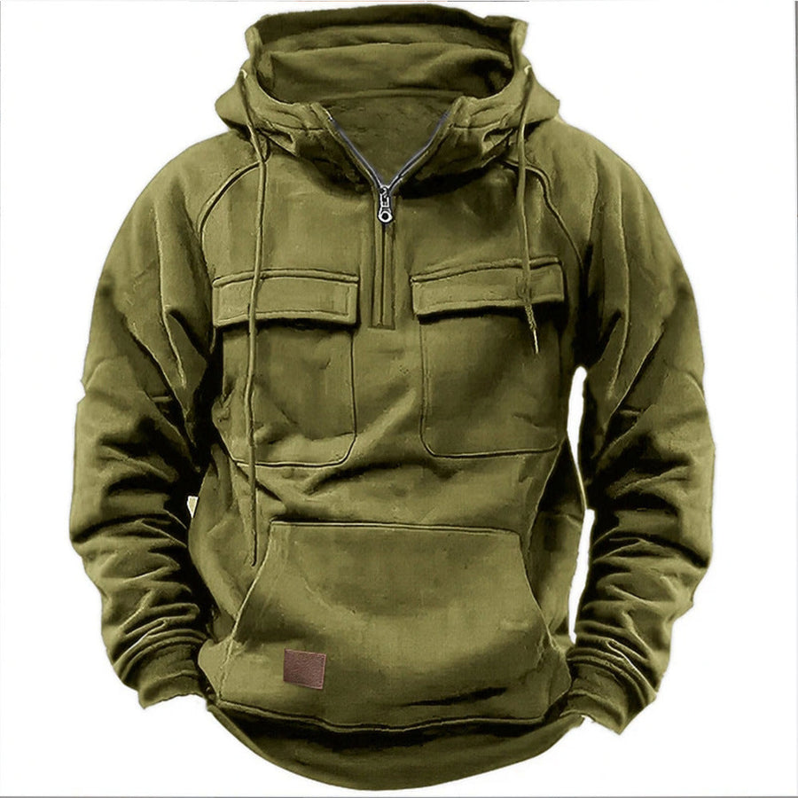 Grüne Herren-Kapuzenjacke mit Reißverschluss und Kängurutasche, ideal für Outdoor-Aktivitäten. Bequeme, warme Freizeitmode für Herbst und Winter.