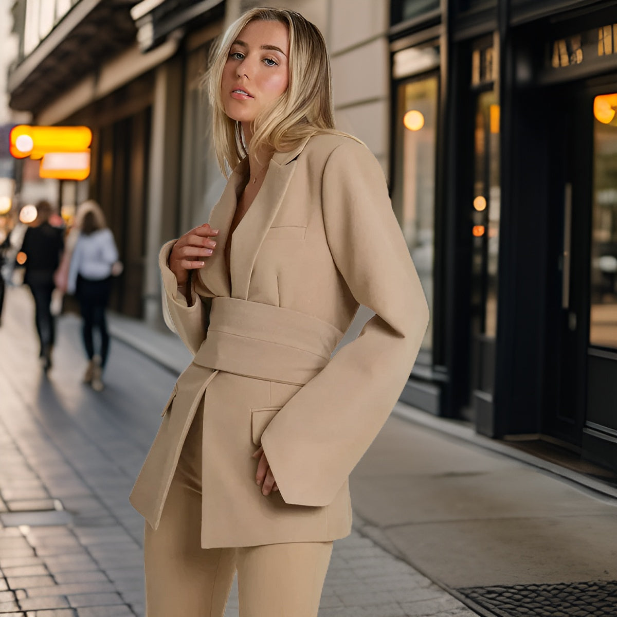 Junge Frau in beigem Anzug posiert stilvoll auf städtischer Straße. Modetrend, Business-Outfit, Herbstmode, urbane Eleganz, Streetstyle.