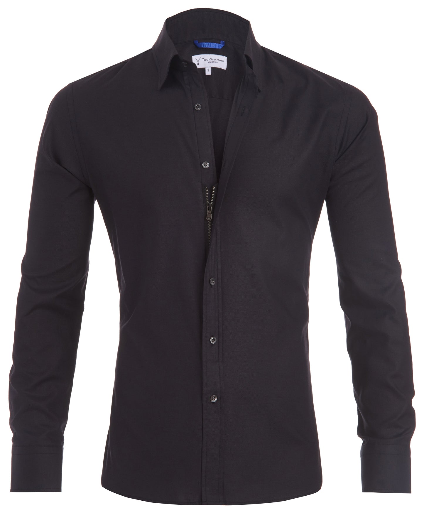 Schwarzes Herrenhemd mit langen Ärmeln und klassischem Kragen, aus Baumwolle. Elegantes Design, ideal für Business und Freizeit.