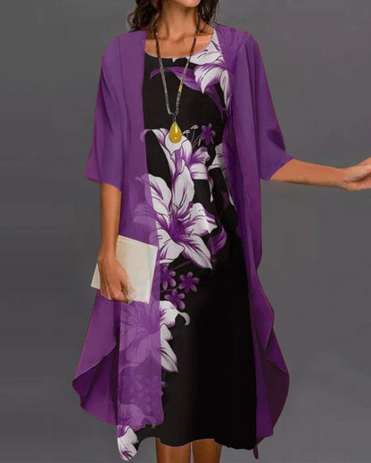 Zweiteiliges Blumenprint-Kleid mit asymmetrischem Saum & halblangen Ärmeln | Perfekt für Frühling & Sommer