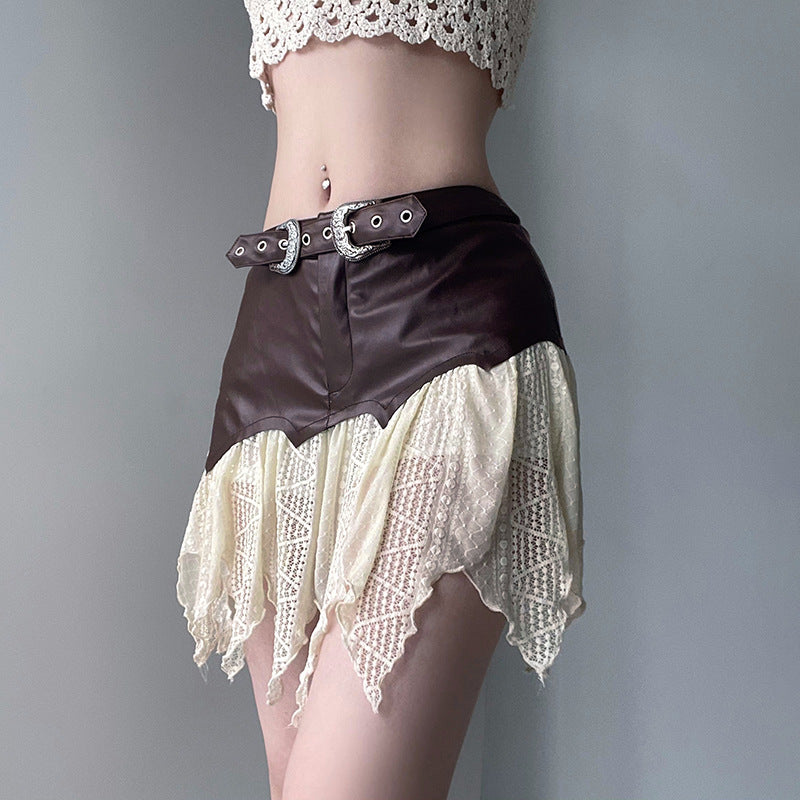 Damen Frühlings Minirock mit asymmetrischem Saum Spitze und Nahtdetails