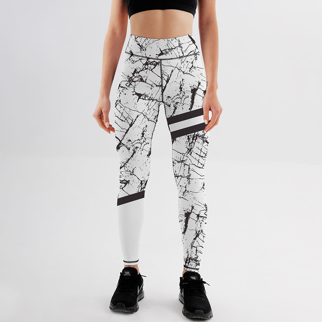 Damen-Leggings mit hoher Taille Stretch-Passform und schwarzem-weißem Marmorprint