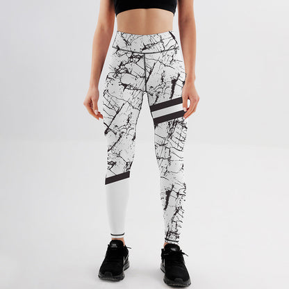 Damen-Leggings mit hoher Taille Stretch-Passform und schwarzem-weißem Marmorprint