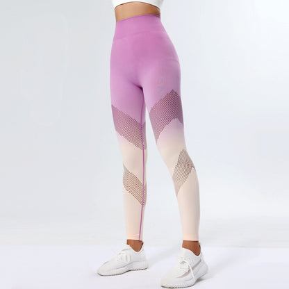 Damen-Sportleggings in Lila und Weiß mit geometrischem Muster, hoher Taille und nahtlosem Design, ideal für Fitness und Yoga.