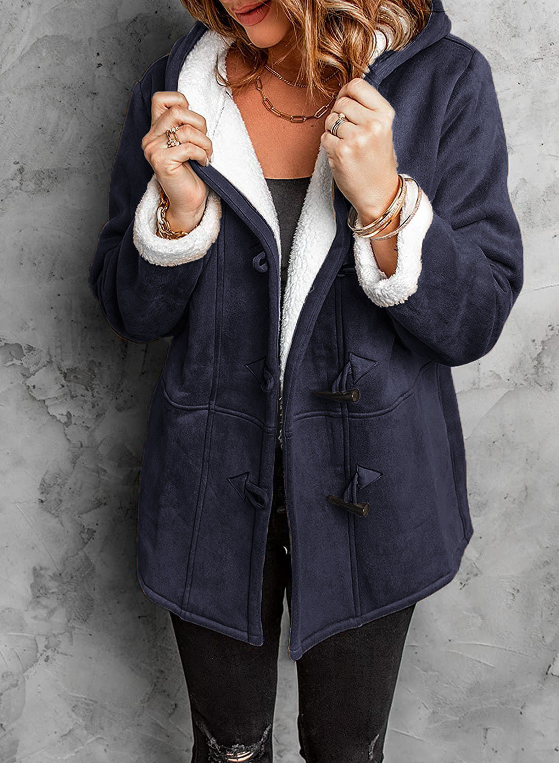 Damen-Wollmixmantel mit Kapuze und Knebelknöpfen – Ideal für den Winter