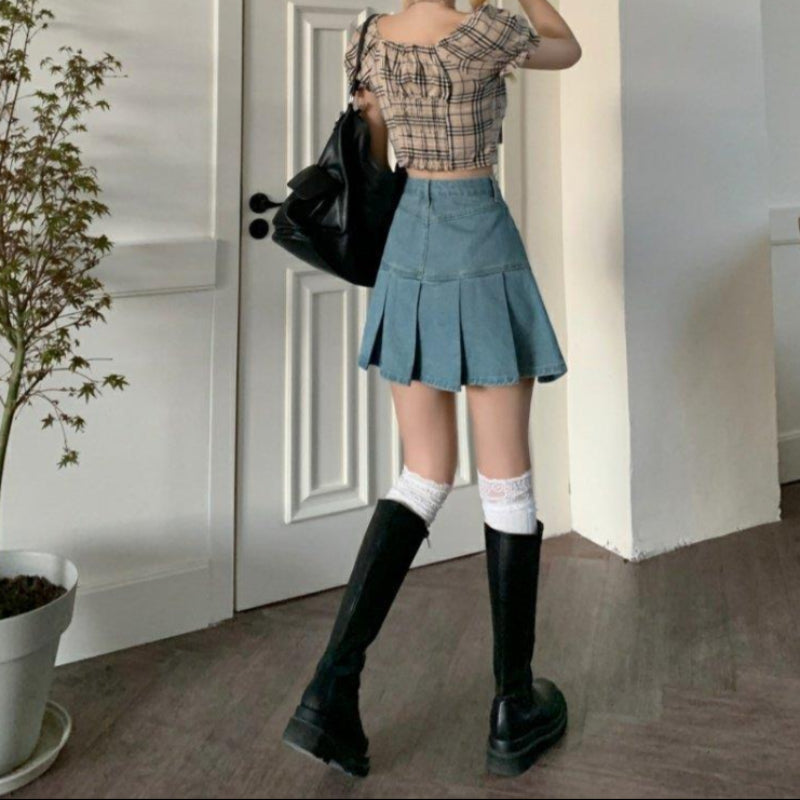 Damen Frühjahrs-Minirock mit hohem Bund und Falten-Design aus Denim