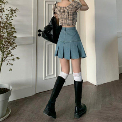 Damen Frühjahrs-Minirock mit hohem Bund und Falten-Design aus Denim