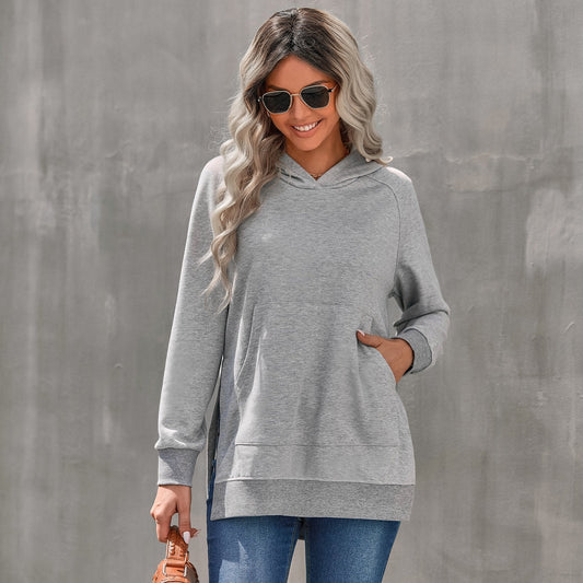 Damen Pullover-Hoodie mit langen Ärmeln, einfarbigem Design und lockerem Schnitt