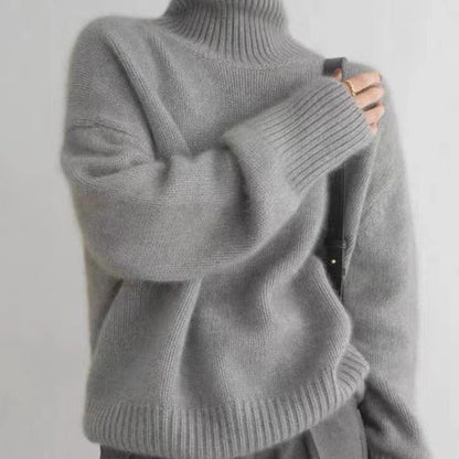 Damen Herbst Rollkragenpullover Dick Gestrickt Langarm Unifarbener Pullover