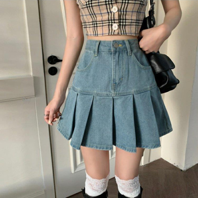 Damen Frühjahrs-Minirock mit hohem Bund und Falten-Design aus Denim