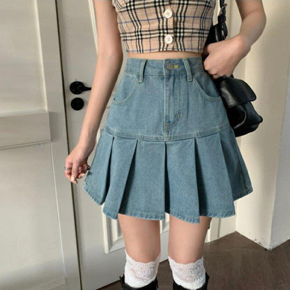 Damen Frühjahrs-Minirock mit hohem Bund und Falten-Design aus Denim