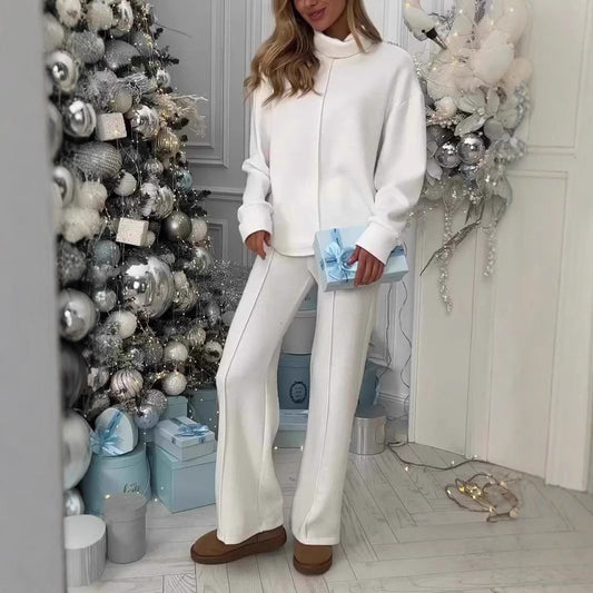 Damen-Strickset für den Herbst mit Rollkragenpullover und langer Hose mit Taschen