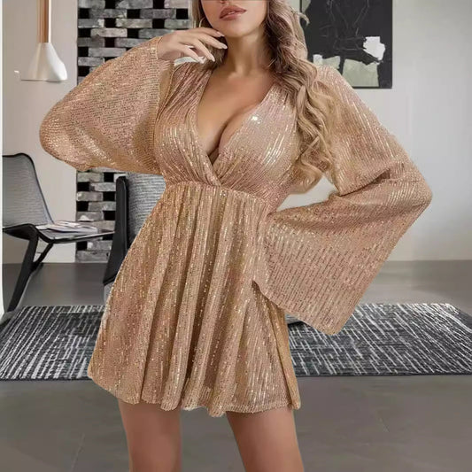 V-Ausschnitt Pailletten-Tailliertes Abendkleid mit Glockenärmeln | Ideal für Frühling und Herbst