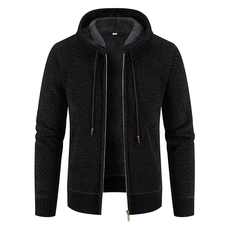 Schwarze Strickjacke mit Kapuze, Reißverschluss und Kordelzug. Modische Herrenbekleidung, ideal für Herbst und Winter. Bequem und stilvoll.