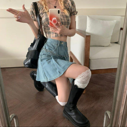 Damen Frühjahrs-Minirock mit hohem Bund und Falten-Design aus Denim