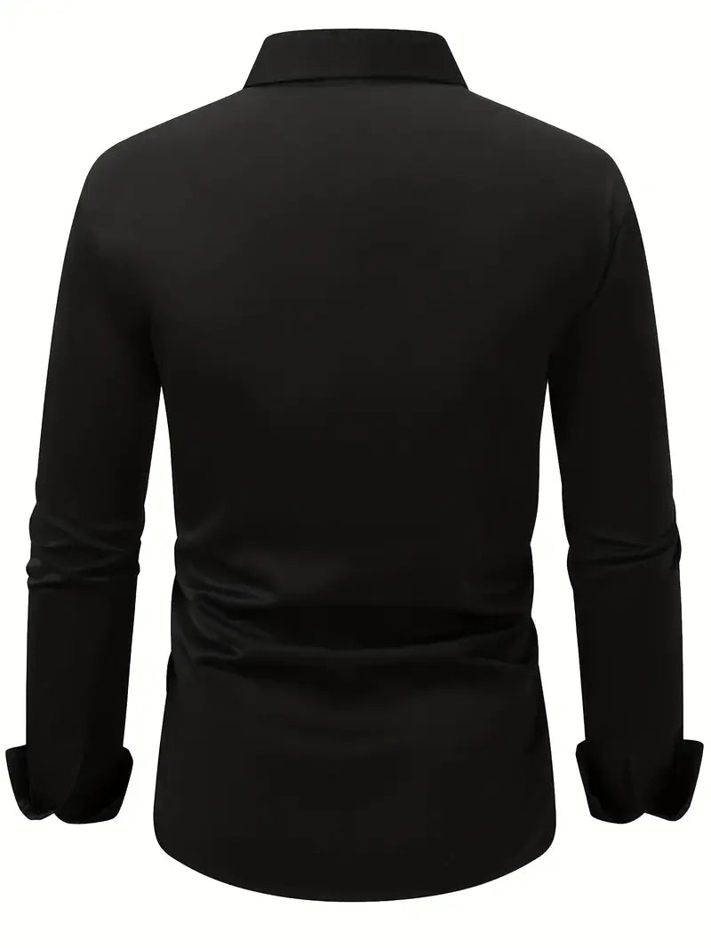Schwarzes Herrenhemd, langärmelig, Rückansicht. Elegantes Design, klassischer Kragen, ideal für formelle Anlässe oder Business-Outfits.