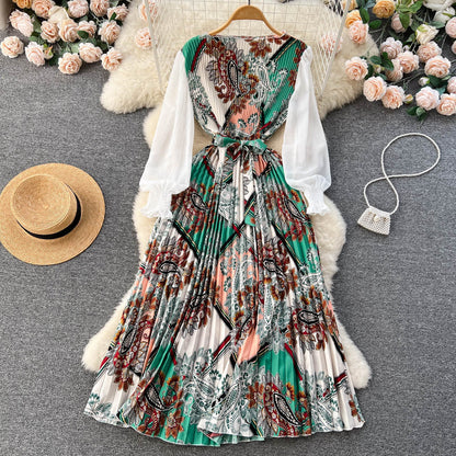 Bedrucktes Maxi-Kleid mit langen Ärmeln und ethnischen Mustern | Ideal für Frühling und Sommer