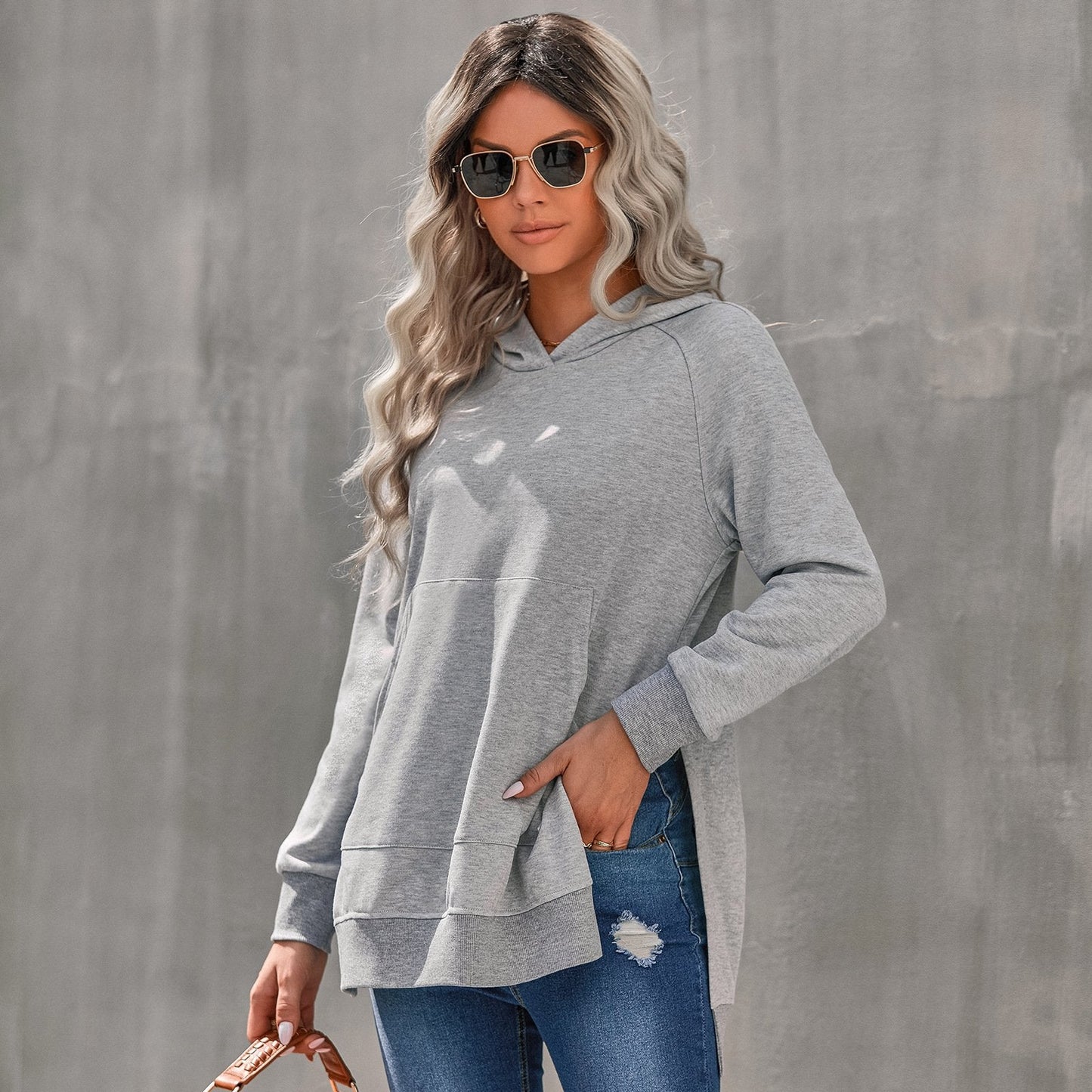 Damen Pullover-Hoodie mit langen Ärmeln, einfarbigem Design und lockerem Schnitt