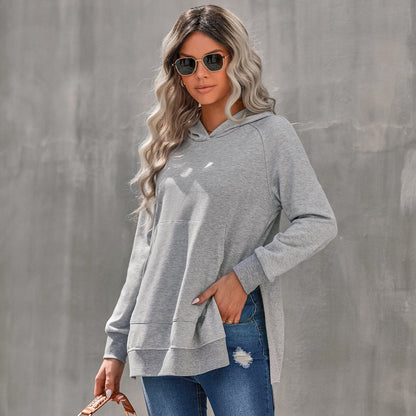 Damen Pullover-Hoodie mit langen Ärmeln, einfarbigem Design und lockerem Schnitt