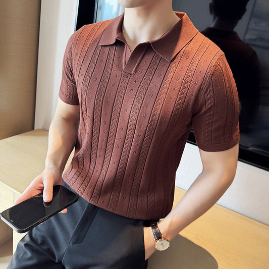Gestreiftes Jacquard-Strick-V-Ausschnitt-T-Shirt – Perfekt für den Sommer