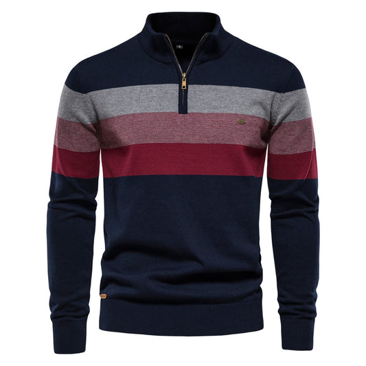 Gestreifter Herrenpullover mit Reißverschluss, blau, grau und rot, aus Baumwolle, modisch, warm, ideal für Herbst und Winter.