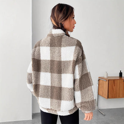 Damen Winterpullover mit lockerem Schnitt, Streifen- und Karomuster, langen Ärmeln