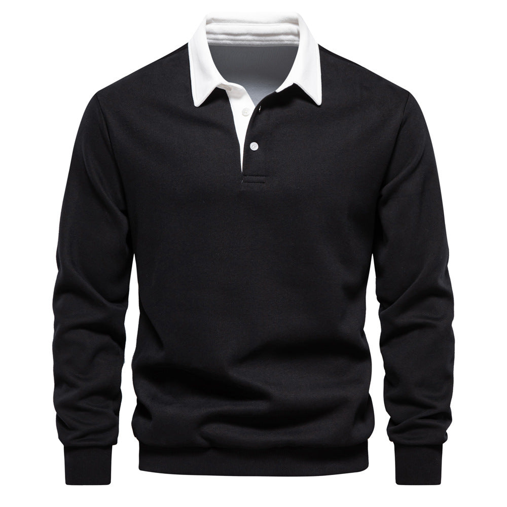 Schwarzer Herrenpullover mit weißem Kragen, Langarm, klassisches Design, ideal für Business- und Freizeitkleidung. Eleganter Herrenmode-Stil.