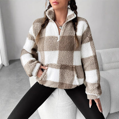 Damen Winterpullover mit lockerem Schnitt, Streifen- und Karomuster, langen Ärmeln